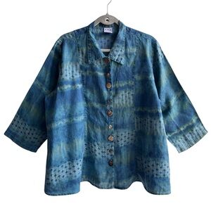VTG  Color Me Cotton Women's Large Blue Tie-Dye Boho Button Down Flare Tunic Top